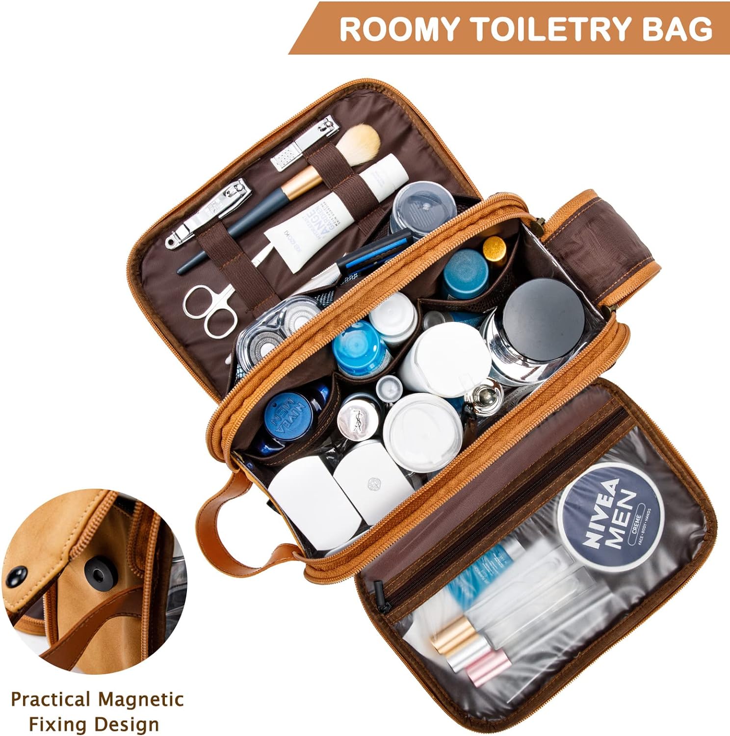 BAGSPRITE Toiletry Bag for Men， Travel Bag for Toiletries， Mens Toiletry Bag Shaving Dopp Kit Organizer， Large Water-resistant Travel Bathroom Bag for Traveling， Black/Brown - Image 2